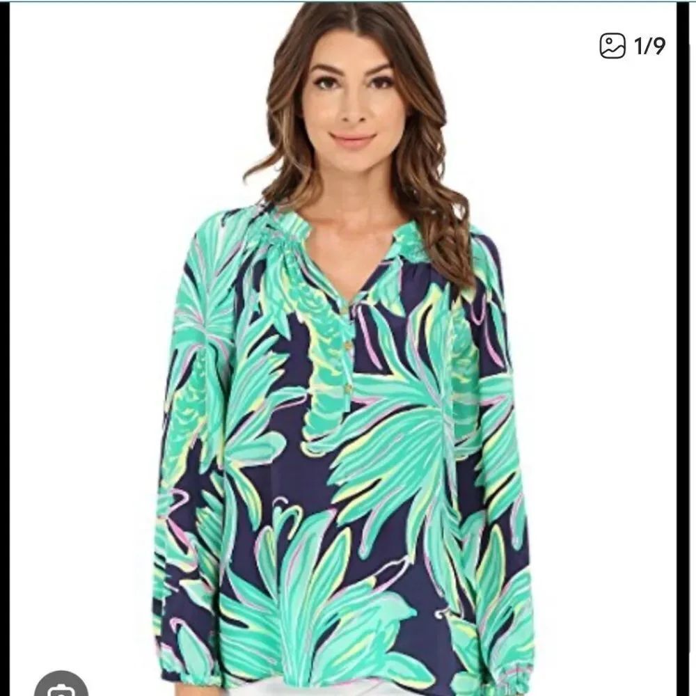 Lilly Pulitzer Elsa Silk Blouse Tiger Palm Green Navy Blue